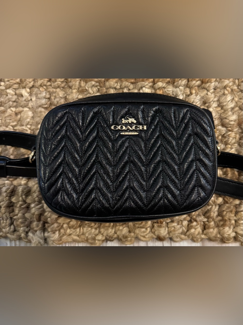 Coach Black Quilted Chevron Leather Belt Bag with Gold Logo